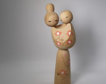 Muñeca Kokeshi de MIYASHITA Hajime (22 cm/8,7"), Muñeca de madera japonesa vintage de madre e hijo