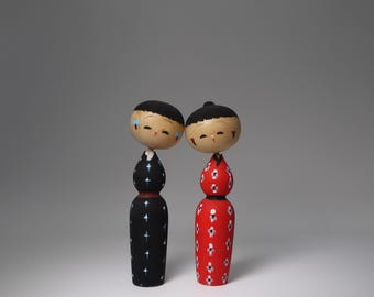 Kleine vintage bobblehead Kokeshi (12 cm/4,7"), houten poppen uit Japanse volkskunst