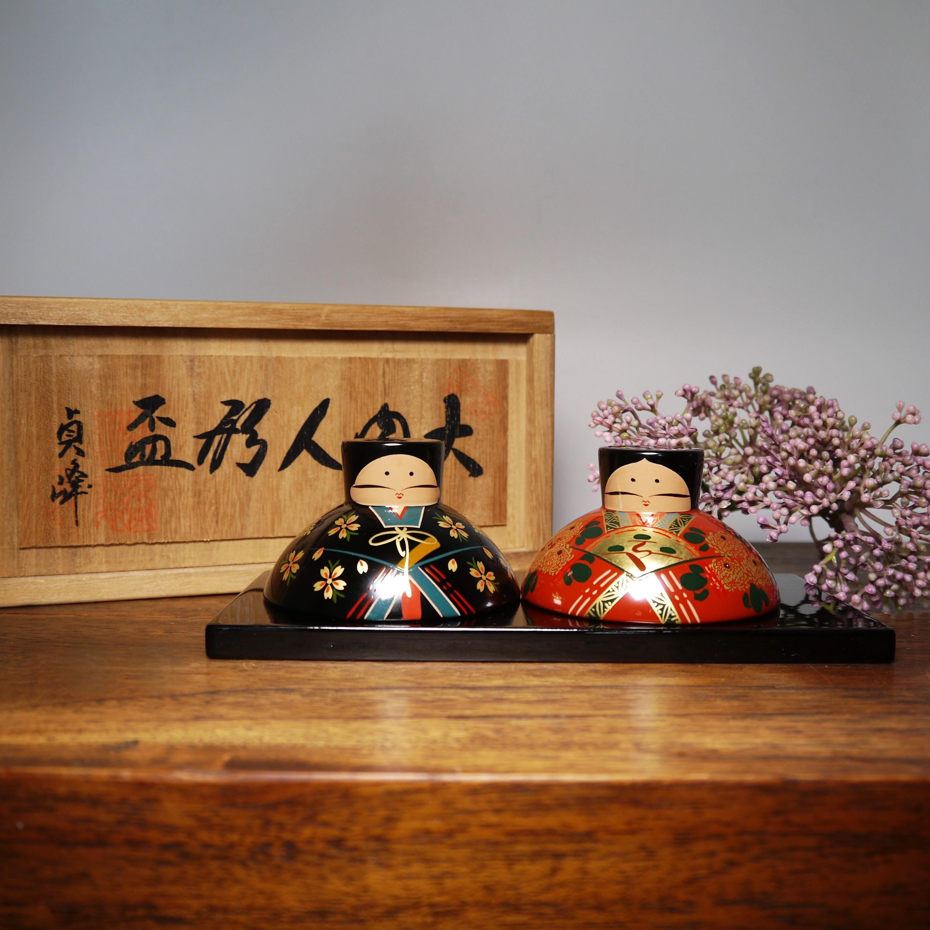 ヴィンテージ 大内塗 酒器 (5 cm/1.97インチ) - 雛人形用ペア、箱付き