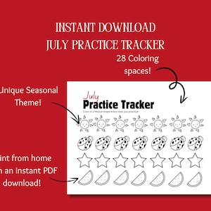 以下が含まれることがあります： ユニークな季節のテーマを持つ、印刷可能な7月の練習トラッカー。白黒のデザインは、太陽、てんとう虫、星、スイカのスライスを特徴としています。28個の塗り絵スペースが含まれています。