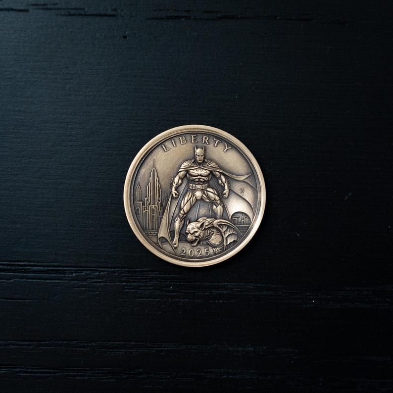 Batman Collectible Coin | 2025 Quarter Dollar Style | Dark Knight Fan Art | Gotham Superhero Challenge Coin | Antique Bronze DC Gift image 1