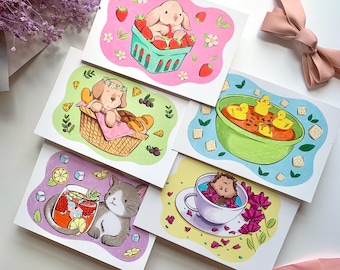 Cute Animal Postcards & Mini Prints | 4x6 Postcard set | Animal Postcard Set 5 | Cute Art Prints | Cottage Core | Stationary