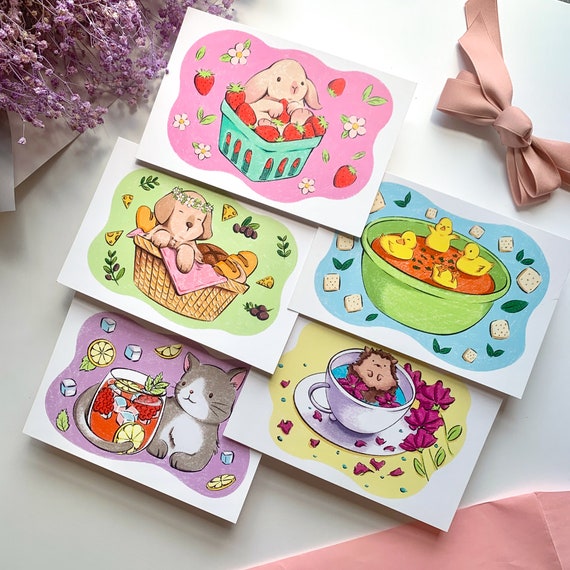 Cute Animal Postcards & Mini Prints | 4x6 Postcard set | Animal Postcard Set 5 | Cute Art Prints | Cottage Core | Stationary