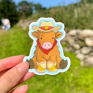 Cowboy Cow Sticker | Baby Highland Cow | Cute Stationery | Weatherproof Vinyl Sticker for Journaling, Laptop, Hydroflask water bottle