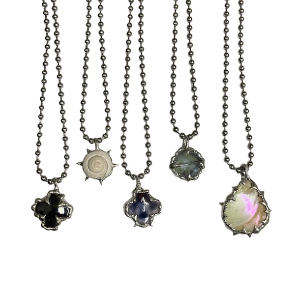 ceramic, glass, and shell necklaces | handmade soft soldered pendants
