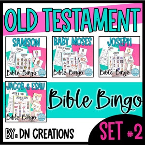 Könnte beinhalten: Ein Satz von vier Altes Testament Bibel Bingo Karten mit Samson, Baby Moses, Joseph und Jakob und Esau. Die Karten sind bunt und zeigen Illustrationen jeder biblischen Geschichte. Die Karten sind Teil eines größeren Sets, wie der Text "Set #2" angibt.