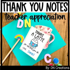 Notes d'appréciation des enseignants | Merci un Latte | Étiquettes de carte-cadeau de café