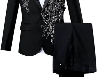 Mens 2 Pieces Luxury Embroidered Suits 1 Button Print Dinner Tuxedo Jacket Pants Prom Wedding Elegant Blazer Dress Suit.