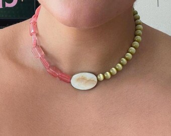 Handmade Adjustable Necklace, Lemon-Lime Green Cat Eye Beads, Mother Of Pearl Framed Gold Color Casing, Sugar Pink Lucite, Gift for Her