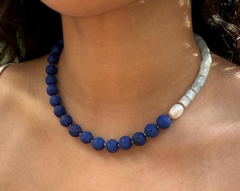 Handmade Colorful Ibiza Beaded Necklace, Summer Blue Volcano Rocks, Blue Aquamarine Beads, Freshwater Pearl, Gift for Her, Adjustable Choker