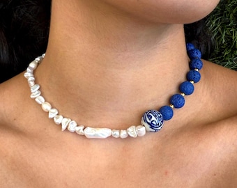 Handmade Colorful Ibiza Beaded Necklace, Stick Pearls, Blue Volcano Rocks, Chinese Hand Painted Porcelain, Gift for Her, Adjustable Stylish