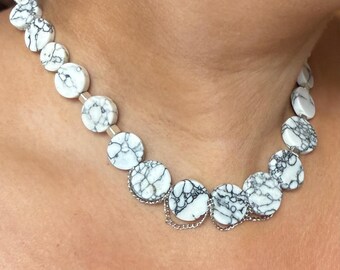 Handmade Adjustable Bead Necklace, Milky White and Gray Howlite Imitation Turquoise, Looped Silver Chain, Gift for Her and Him
