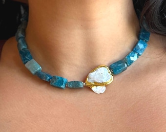 Handmade Adjustable Necklace, Natural Ocean Teal Blue Apatite Beads, Baroque Freshwater Pearl Gold-Plated Bezel, Gift for Her and Him