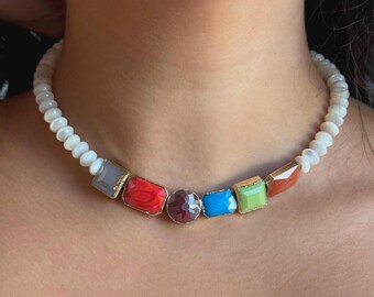 Handmade Adjustable Necklace, Multicolored Gold Edged Funky Charms, White Opal Beads, Gift for Her and Him, Stackable, Funky