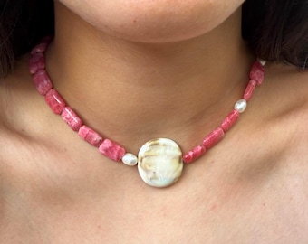 Handmade Ibiza Beaded Necklace, Adjustable, Freshwater Pearls, Pink Rhodochrosite, Boho Statement Gift for Her, Beach Minimalist, Artisan