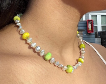 Handmade Colorful Ibiza Beaded Necklace, Freshwater Pearls, White Opal, Bright Green Bead, Gift for Her, Adjustable, Rainbow