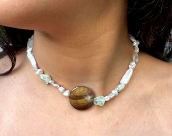 Handmade Ibiza Beaded Necklace, Adjustable, Abalone Pendant, Aquamarine Natural Stones, Freshwater Stick Baroque Pearls, Gift for Her