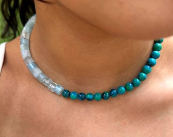 Handmade Colorful Ibiza Beaded Necklace, Baby Blue Aquamarine Beads, Chrysocolla Multicolored Beads, Gift for Her, Choker, Two-Toned Minimal