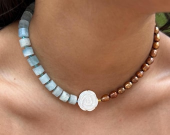 Handmade Colorful Ibiza Beaded Necklace, Baby Blue Aquamarine Beads, Mother of Pearl, Milk Chocolate Pearls, Gift for Her, Adjustable Choker