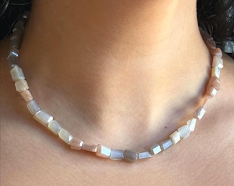 Handmade Adjustable Bead Necklace, Peach Grey Warm Beige Moonstone, Faceted Iridescent, Gift for Her, Gift for Him, Witchy Stackable Candy