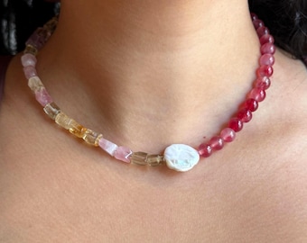 Handmade Adjustable Bead Necklace, Freshwater Coin Pearl, Rose Quartz, Citrine, Honey Quartz, Raspberry Fuchsia Agate, Gift for Her and Him