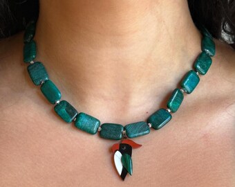 Handmade Adjustable Bead Necklace, Maximalist Jewelry, Jade Colored, King Penguin Toucan Funky Charm, Gift for Her, Stackable, Jungle Vibes