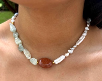 Handmade Adjustable Ibiza Beaded Necklace, Brilliant Sandstone Pendant, Aquamarine Natural Stones, Freshwater Pearls, Gift for Her, Present