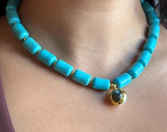 Handmade Adjustable Bead Necklace, Reconstituted Turquoise, Gold-Edged Labradorite & Pearl Reversible Pendant, Gift for Her and Him