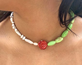 Handmade Ibiza Necklace, Lime Green Magnesite Beads, Freshwater Baroque Pearls, Rose Mother of Pearl Pendant Summer Gift for Her, Adjustable