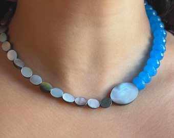 Handmade Adjustable Bead Necklace, Ocean Dyed Blue Agate, Mother of Pearl Iridescent, Multicolored, Gift for Her and Him, Stackable