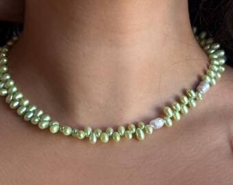 Handmade Adjustable Necklace, Green Dyed and Classic Freshwater Pearls, Gift for Her and Him, Stackable, Funky Jewelry