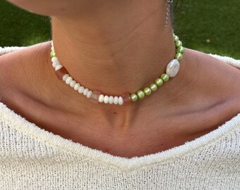 Handmade Ibiza Beaded Necklace, Adjustable, Unique Multi Faceted Red Agate Beads, Green Freshwater Dyed Pearls, White Opal Gift for Her