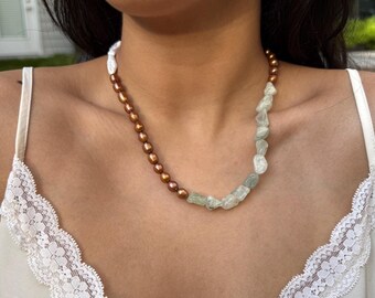 Handmade Ibiza Beaded Necklace, Adjustable, Chocolate Freshwater Brown Pearls, Aquamarine Natural Stones, Gift for Her, Stylish Present