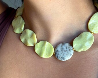 Handmade Adjustable Necklace, Milky Lemon-Lime Chrysoprase, Wavy Pillow Shape Coin, White Jasper, Gift for Her, Maximalist Jewelry