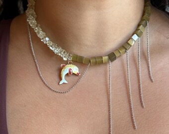 Handmade Adjustable Bead Necklace, Pale Yellow Smoky Quartz, Olive Green Cat Eye Cube Beads, Silver Chain Draping, Gift for Her and Him