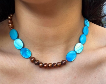 Handmade Ibiza Beaded Necklace, Beautiful Chocolate Pearls, Brilliant Blue Chrome Oval, Stylish Summer Gift for Her, Boho Adjustable Choker