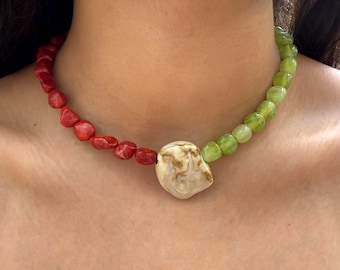 Handmade Ibiza Beaded Necklace, Red Howlite Beads, Shiny Lime Two Tone Stone, Stylish Summer Gift for Her, Boho Adjustable Choker, Ceramic