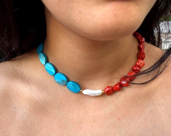 Handmade Ibiza Beaded Necklace, Pearl, Red Howlite Beads, Brilliant Blue Chrome Oval, Stylish Summer Gift for Her, Boho Adjustable Choker