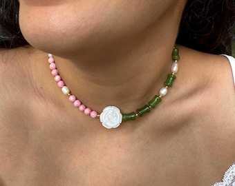 Handmade Ibiza Beaded Necklace, Adjustable, Mother Of Pearl Rose Pendant, Pearls, Green Jade, Rhodochrosite, Gift for Her, Stylish Present