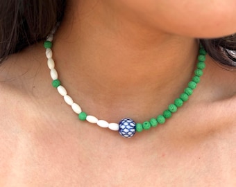 Handmade Colorful Ibiza Beaded Necklace, Green Volcano Rocks, White Milk Jade Bead, Freshwater Pearl, Gift for Her, Adjustable Choker