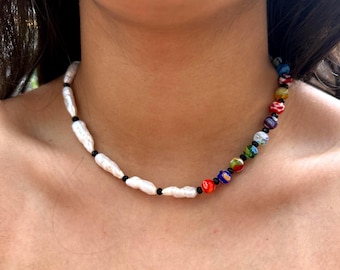 Handmade Adjustable Colorful Ibiza Necklace, Fiorato Millefiori Italian Beads, Freshwater Stick Pearls, Unisex, Gift for Her, Onyx Crystals