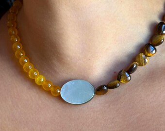 Handmade Adjustable Bead Necklace, Moonstone Abalone Pendant, Tiger Eye Heart Beads, Honey Agate, Gift for Her, Gift for Him
