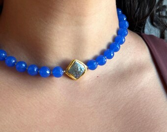 Handmade Adjustable Bead Necklace, Cobalt Blue Agate, Gold-Edged Square Abalone Shell Multicolored, Gift for Her and Him, Stackable