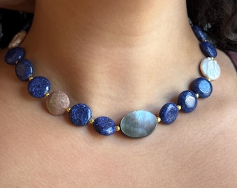 Handmade Adjustable Bead Necklace, Reconstituted Turquoise, Gold-Edged Labradorite & Pearl Reversible Pendant, Gift for Her and Him