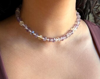 Handmade Adjustable Necklace, Lavender Purple Golden Yellow Ametrine Amethyst Citrine Jewelry, Shiny Gift for Her, Gift for Him, Stackable