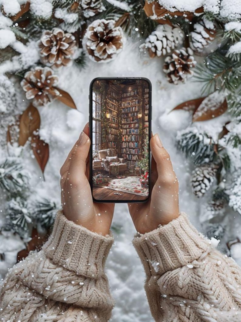 Cozy Christmas Library, Winter Phone Wallpaper - Etsy