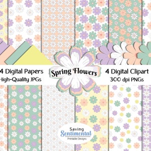 Flower Clipart and Spring Flowers Background Paper, Digital Download.