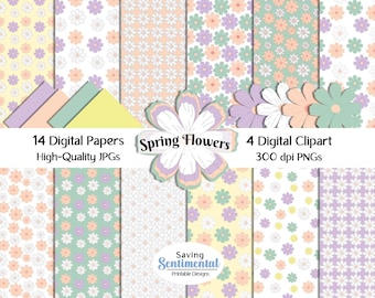 Bloem clipart en lentebloemen achtergrondpapier, digitale download.