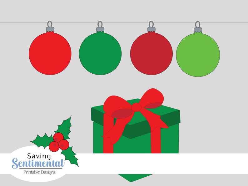 May include: A green gift box with a red bow and holly leaves. Four Christmas ornaments hang from a string, two red and two green.