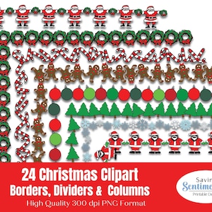 May include: A set of 24 Christmas clipart images, including borders, dividers, and columns. The clipart features Santa Claus, gingerbread people, candy canes, wreaths, ornaments, snowflakes, and Christmas trees. The images are in a high-quality 300 dpi PNG format.